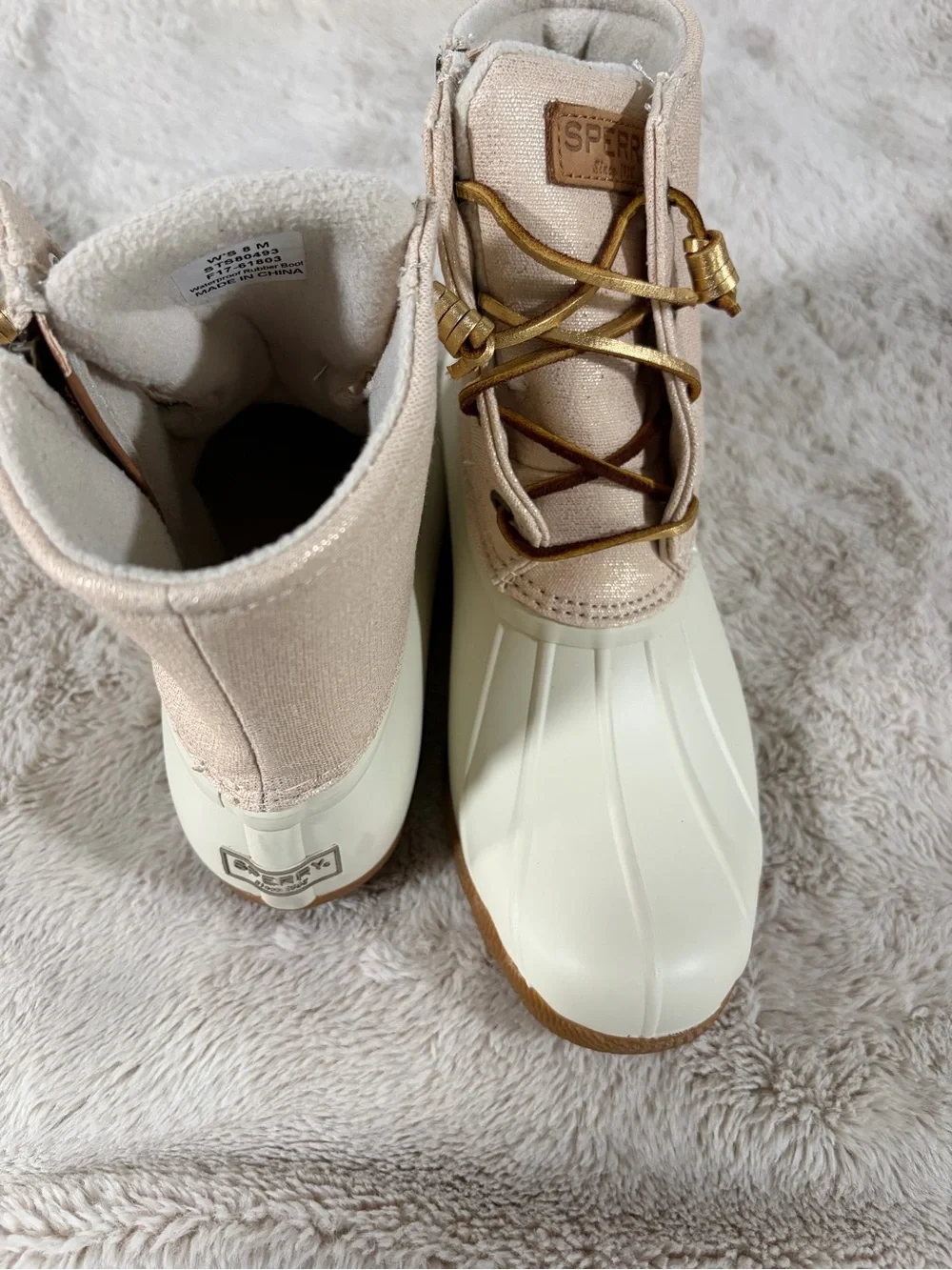 Sperry Cream Canvas Duck Boots with Tan Laces